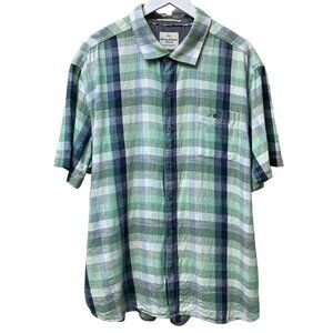 Tommy Bahama Mens Plaid Shirt XXL Cotton Short Sleeve Green Blue Button up